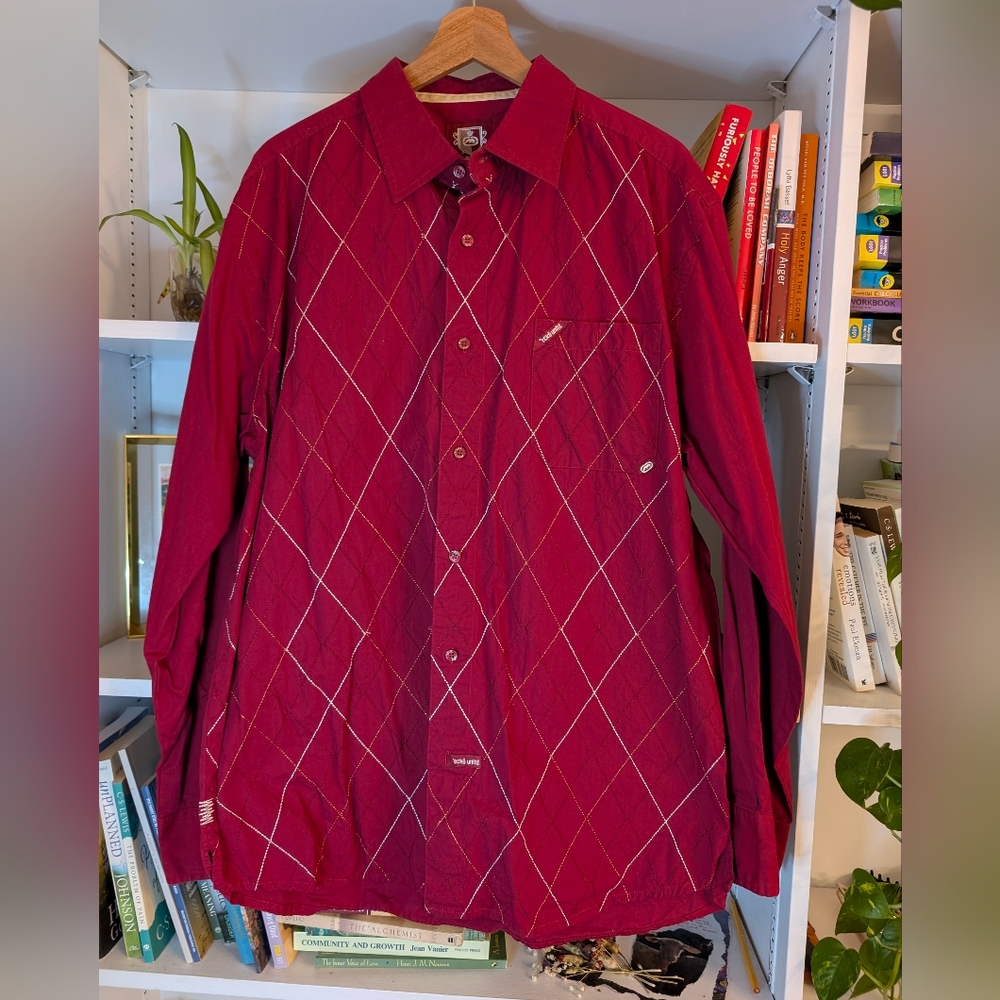 Y2K ECKO Men's Button Down Shirt Long Sleeves Red Gold White Size XL
